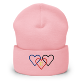 Polyamory Pride Beanie: Interlaced Heart Outlines Embroidered Hat